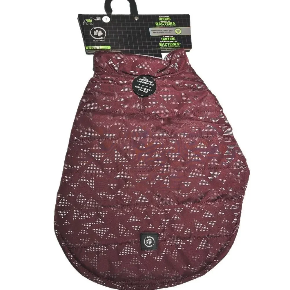 Silver Paw Dog Coat/Jacket SMALL Maroon Grey Antimicrobial Reversible Packable